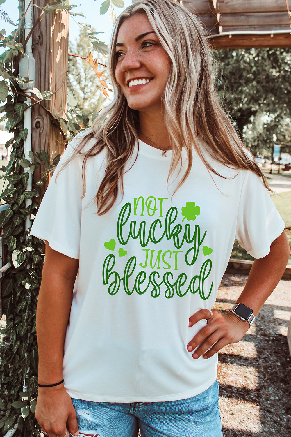 White St Patricks Not Luck Just Blessed Graphic T-shirt-Graphic/Graphic Tees-[Adult]-[Female]-2022 Online Blue Zone Planet
