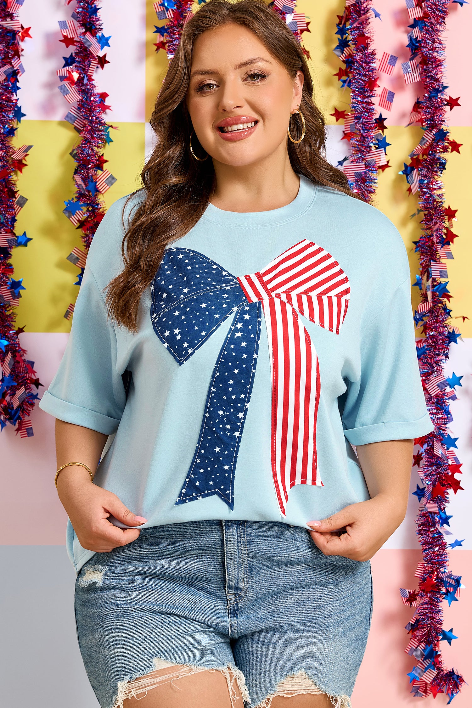 Beau Blue Plus Size Patriotic Bow Patchwork Graphic T-Shirt-Plus Size/Plus Size Tops/Plus Size Tops & Tees-[Adult]-[Female]-2022 Online Blue Zone Planet