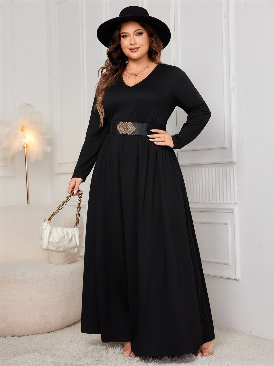 Blue Zone Planet | Plus Size Cutout V-Neck Long Sleeve Maxi Dress-TOPS / DRESSES-[Adult]-[Female]-2022 Online Blue Zone Planet