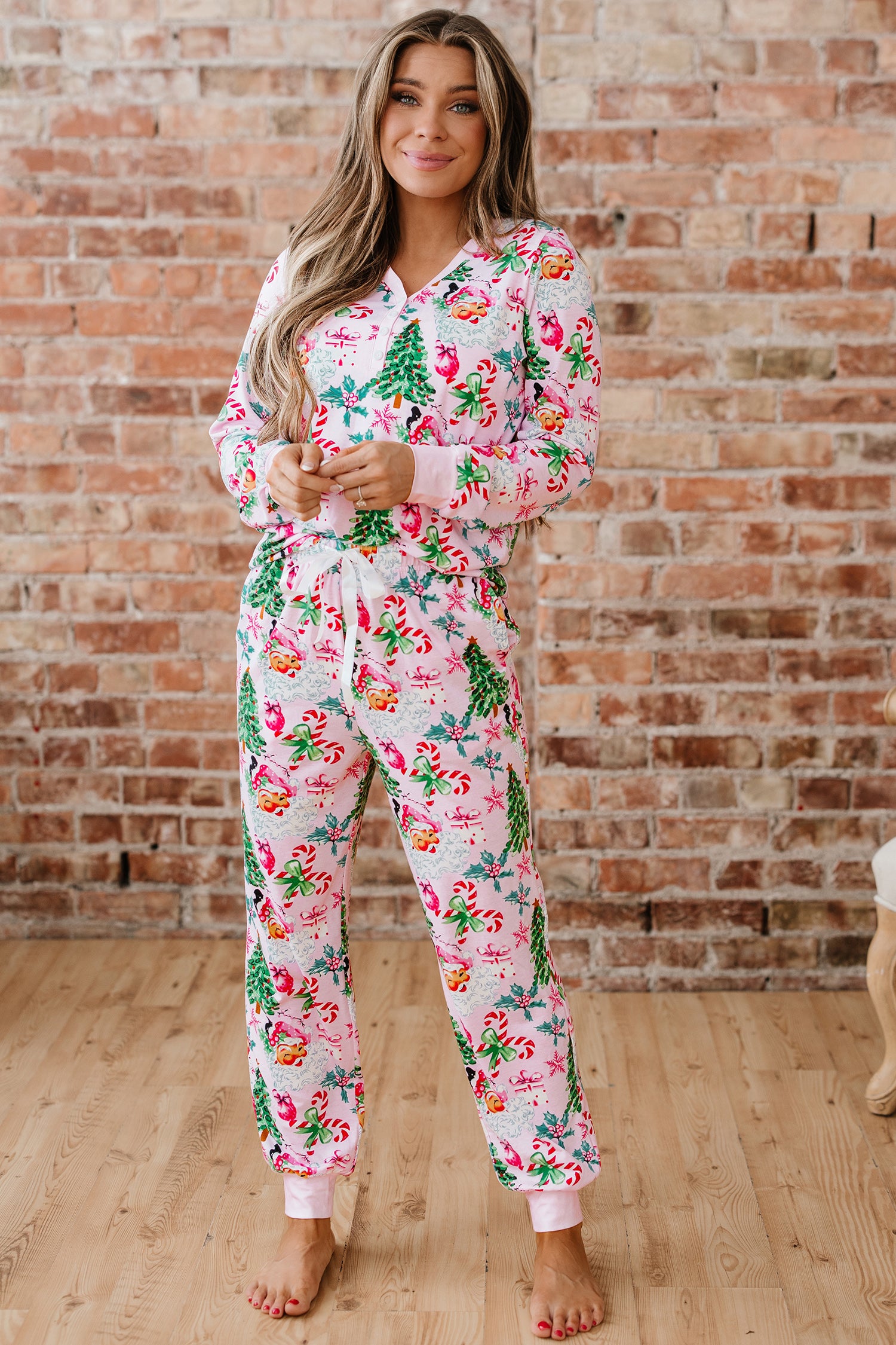 Pink Christmas Pattern Button V Neck Pullover Drawstring Pants 2pcs Lounge Set-Loungewear & Sleepwear/Loungewear-[Adult]-[Female]-2022 Online Blue Zone Planet