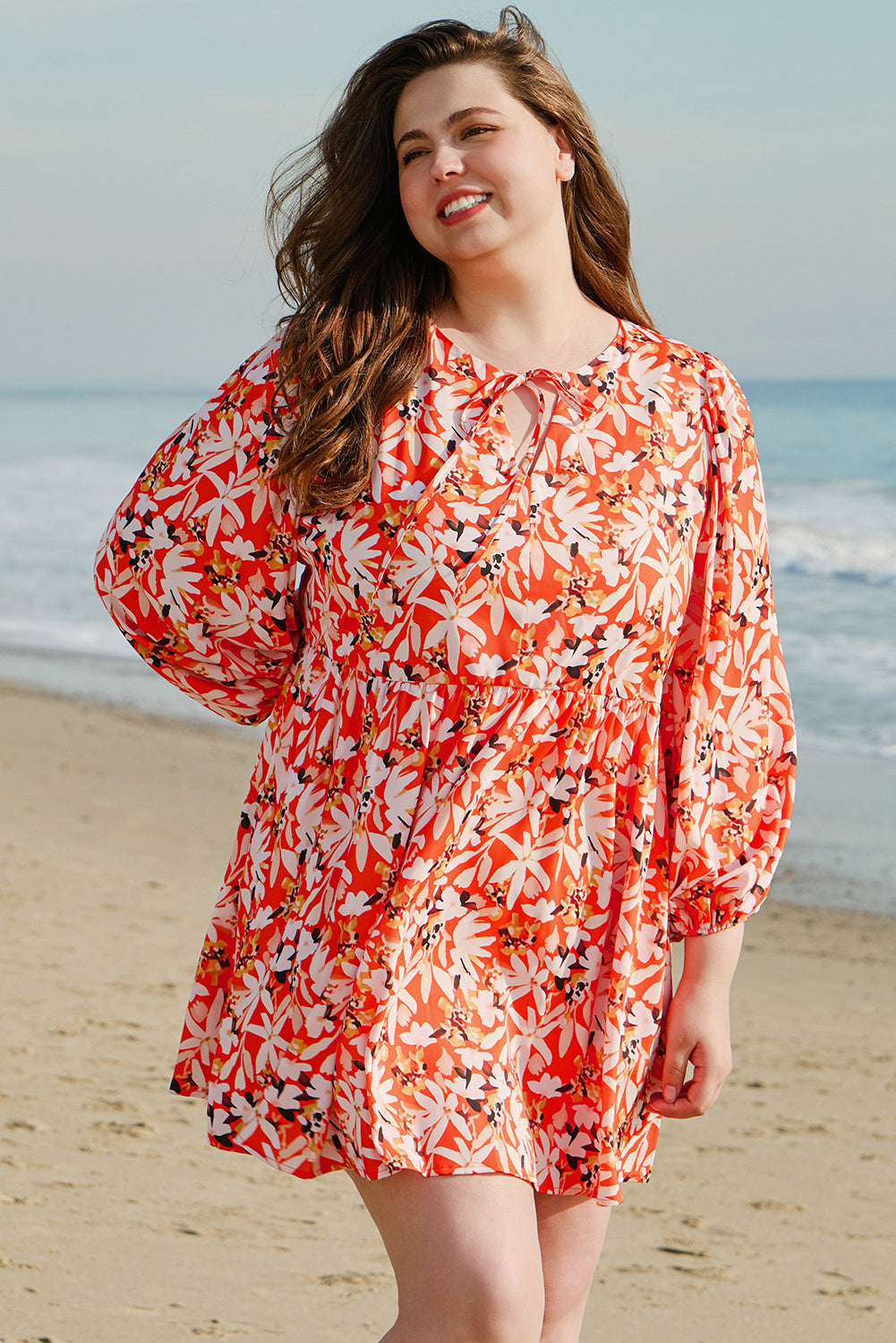 Blue Zone Planet | Orange Floral Print Split V Neck Bubble Sleeve Plus Size Midi Dress-TOPS / DRESSES-[Adult]-[Female]-2022 Online Blue Zone Planet