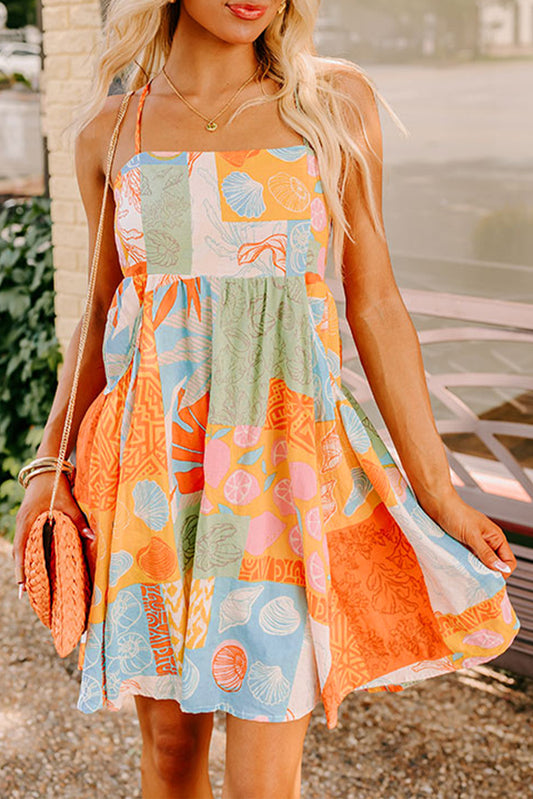 Orange Shell Print Patchwork Backless Flowy Dress-Short Dresses-[Adult]-[Female]-Orange-S-2022 Online Blue Zone Planet