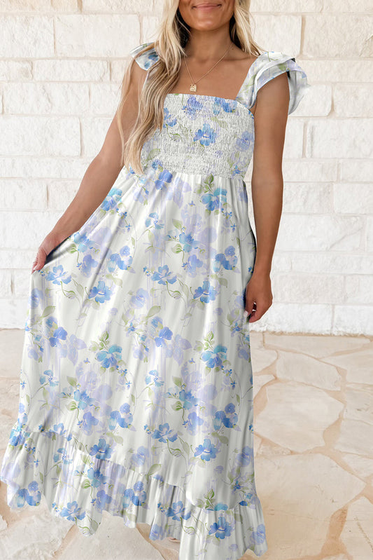 Sky Blue Floral Smocked High Waist Double Ruffle Sleeveless Long Dress-TOPS / DRESSES-[Adult]-[Female]-Sky Blue-S-2022 Online Blue Zone Planet