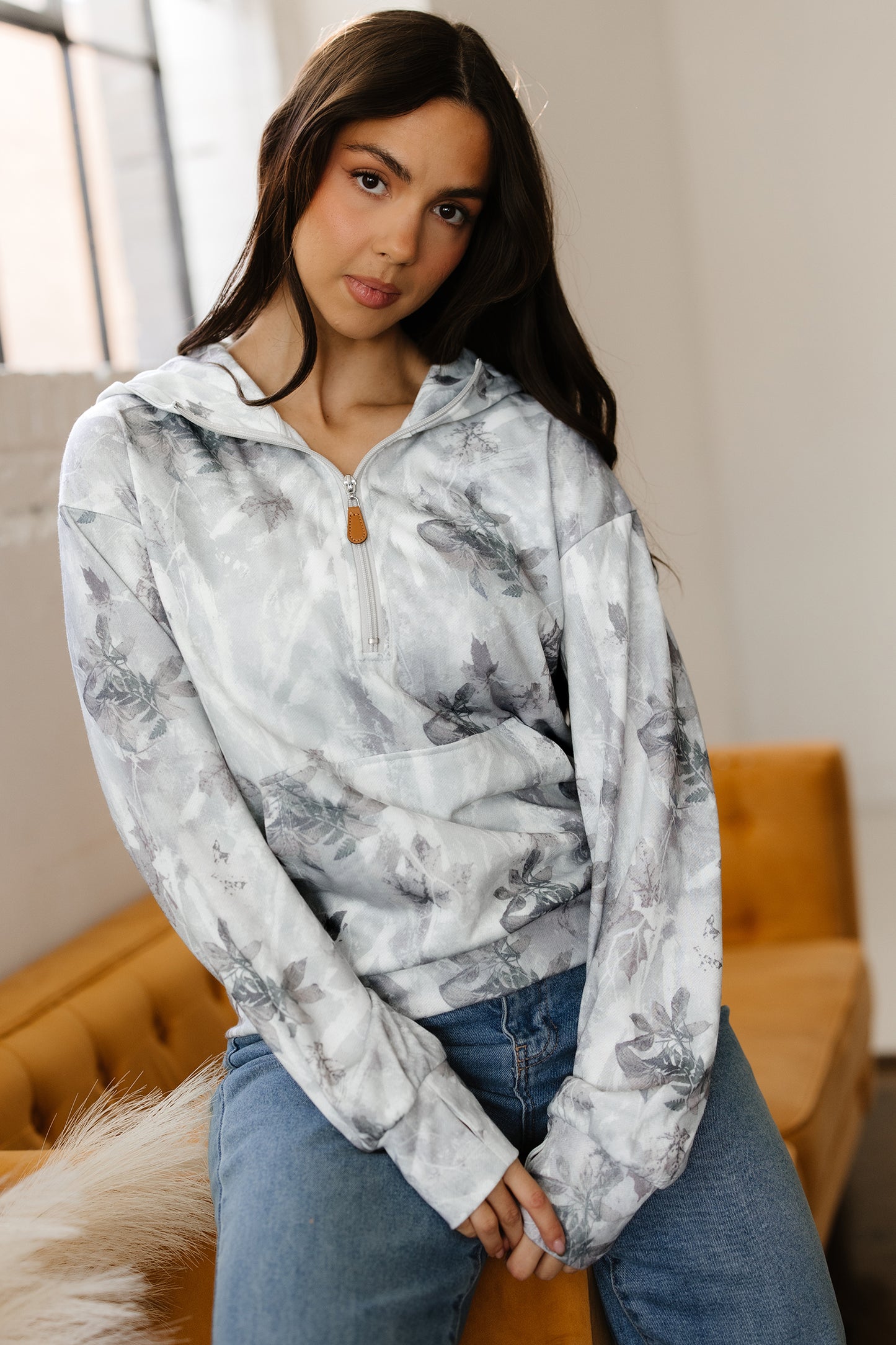 Gray Camo Leaf Print Kangaroo Pocket Quarter Zip Hoodie-Tops / Dresses-[Adult]-[Female]-2022 Online Blue Zone Planet