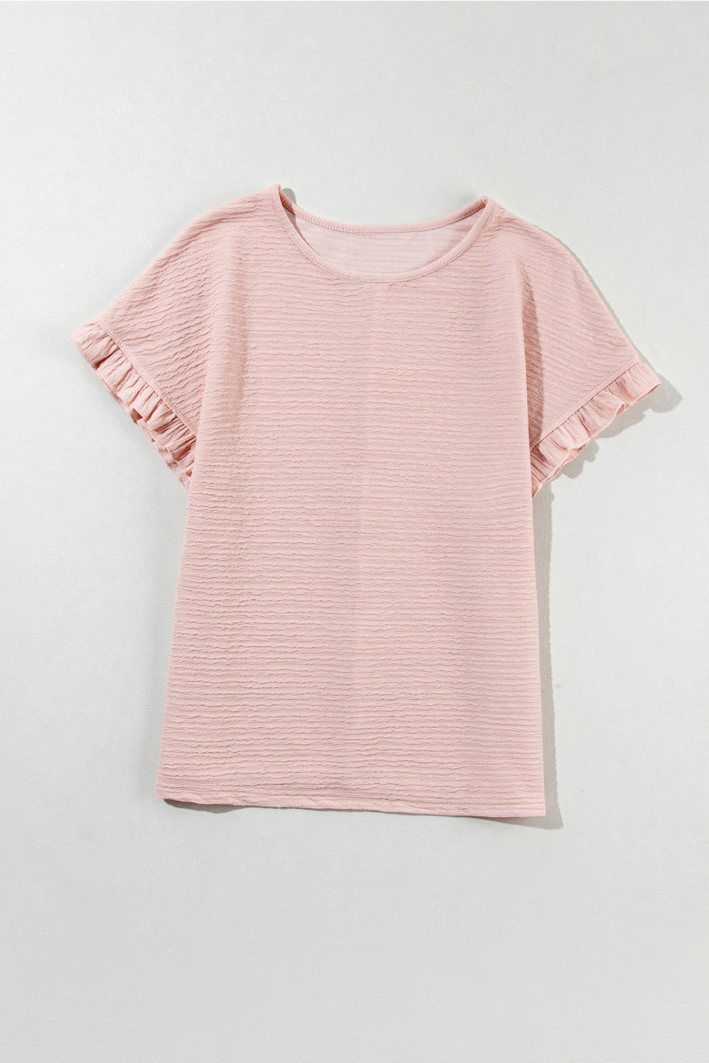 Light Pink Solid Textured Ruffled Short Sleeve Blouse-Tops/Blouses & Shirts-[Adult]-[Female]-2022 Online Blue Zone Planet