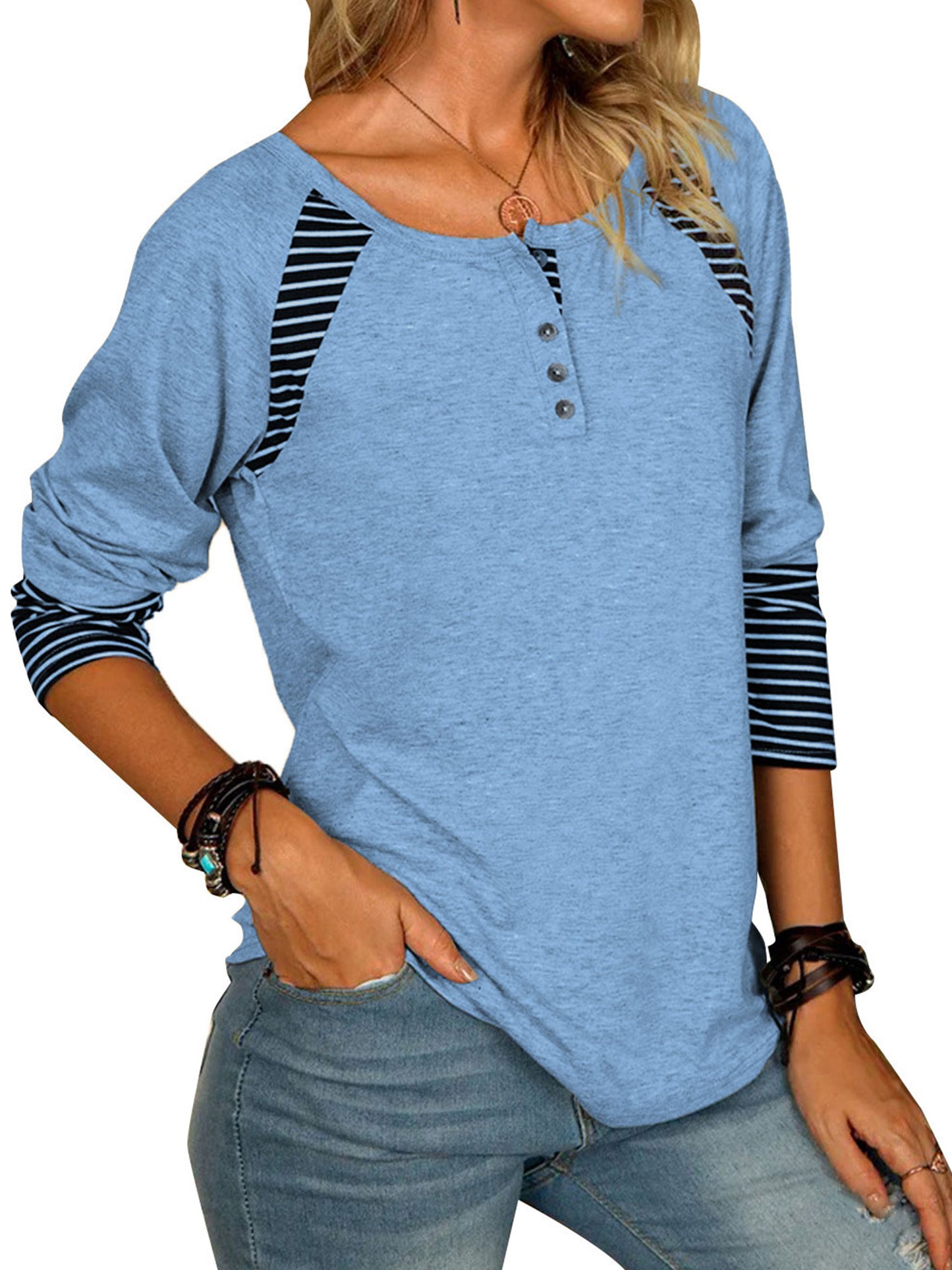 Full Size Striped Quarter Button Long Sleeve T-Shirt-TOPS / DRESSES-[Adult]-[Female]-2022 Online Blue Zone Planet