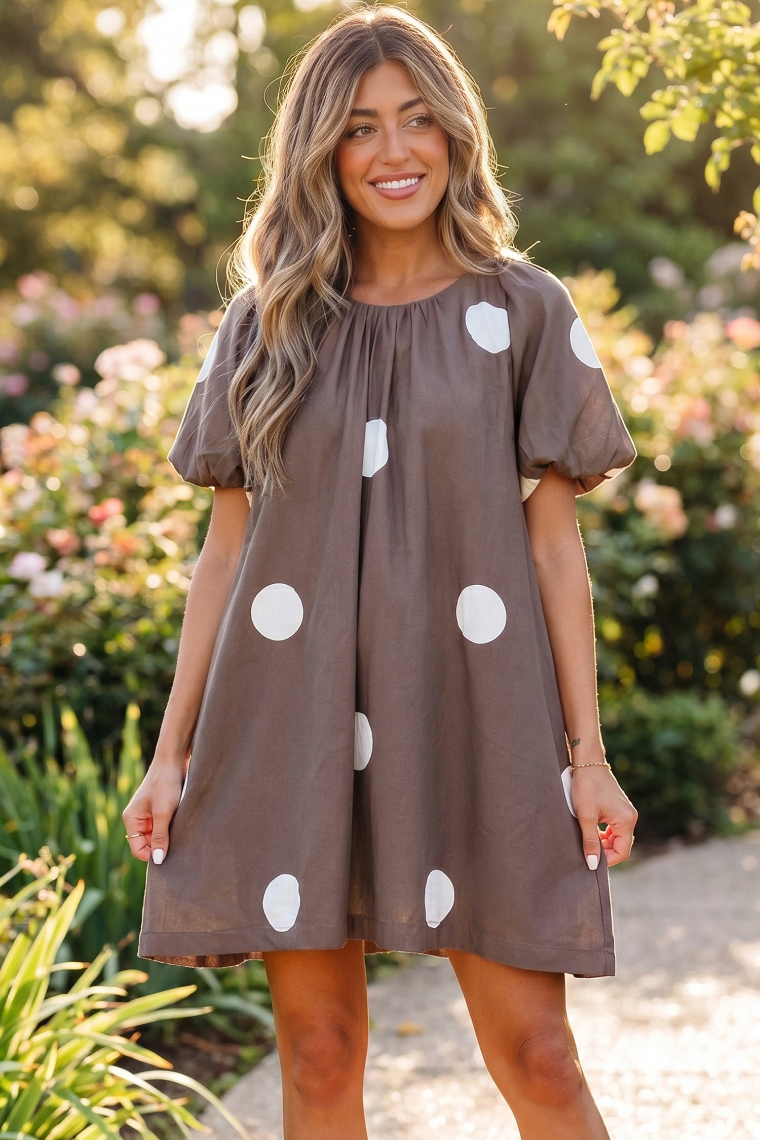 Brown Polka Dot Print Knot Back Short Puff Sleeve Loose Mini Dress-TOPS / DRESSES-[Adult]-[Female]-2022 Online Blue Zone Planet