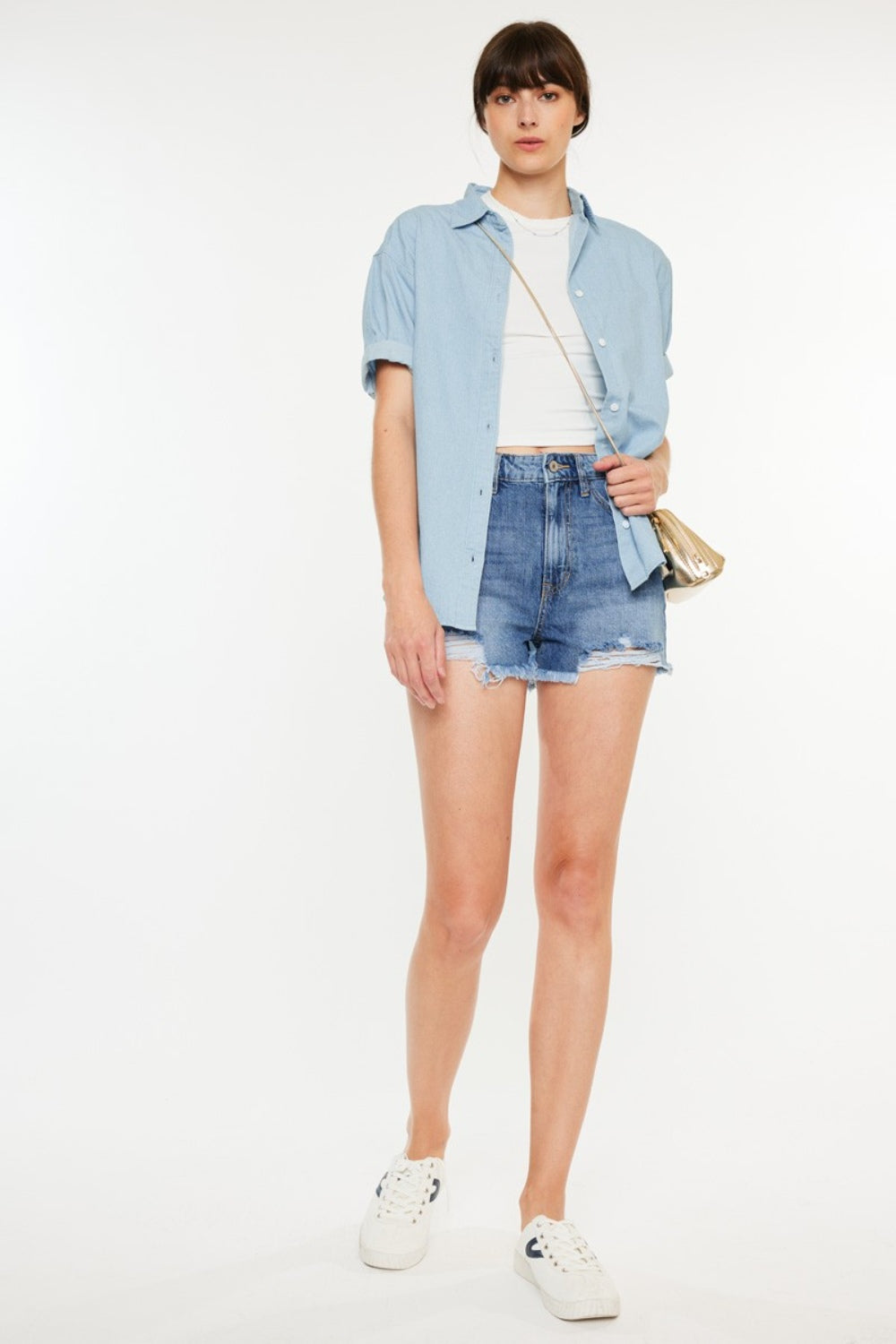 Kancan Distressed Raw Hem High Waist Denim Shorts-BOTTOMS SIZES SMALL MEDIUM LARGE-[Adult]-[Female]-2022 Online Blue Zone Planet