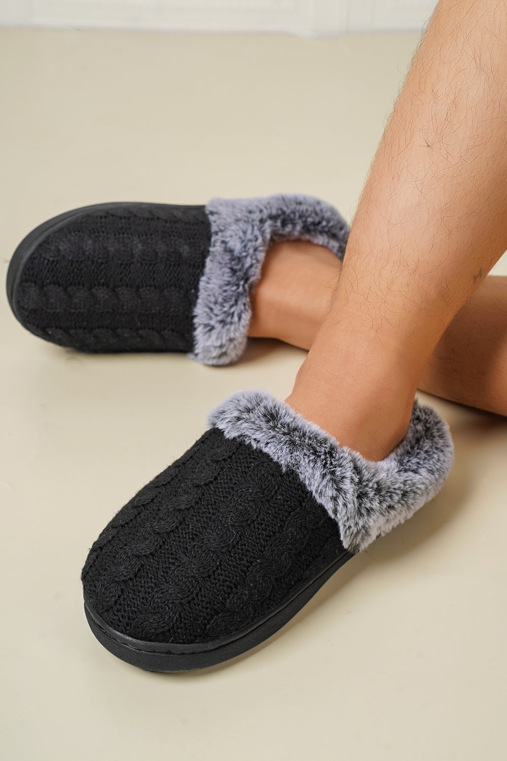 Blue Zone Planet | Cable-Knit Fluff Round Toe Slippers-SHOES-[Adult]-[Female]-2022 Online Blue Zone Planet