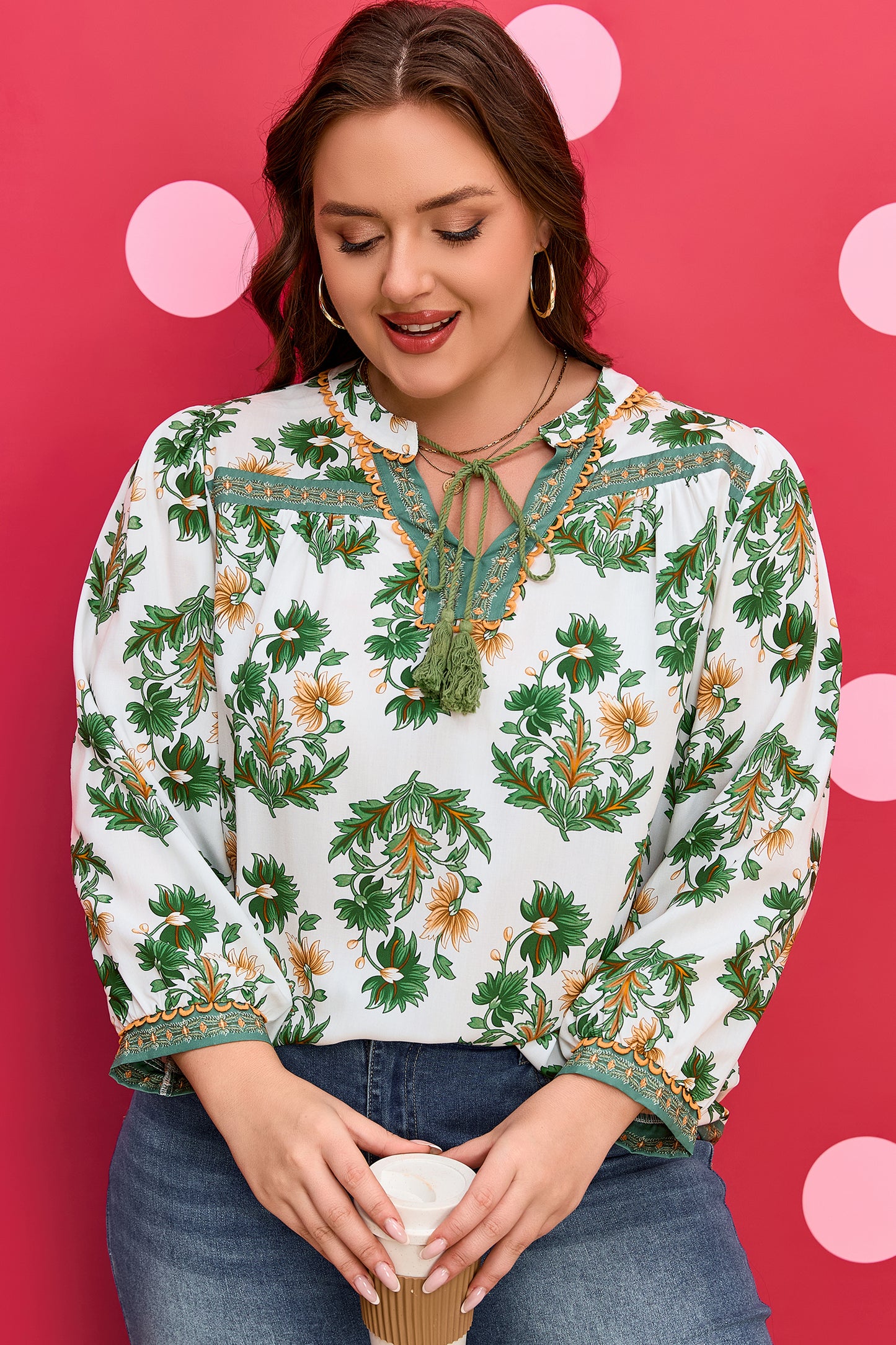 Green Plus Size Floral Printed Contrast Patchwork Detail Tassel Tie 3/4 Sleeve Blouse-Plus Size/Plus Size Tops/Plus Size Blouses & Shirts-[Adult]-[Female]-2022 Online Blue Zone Planet