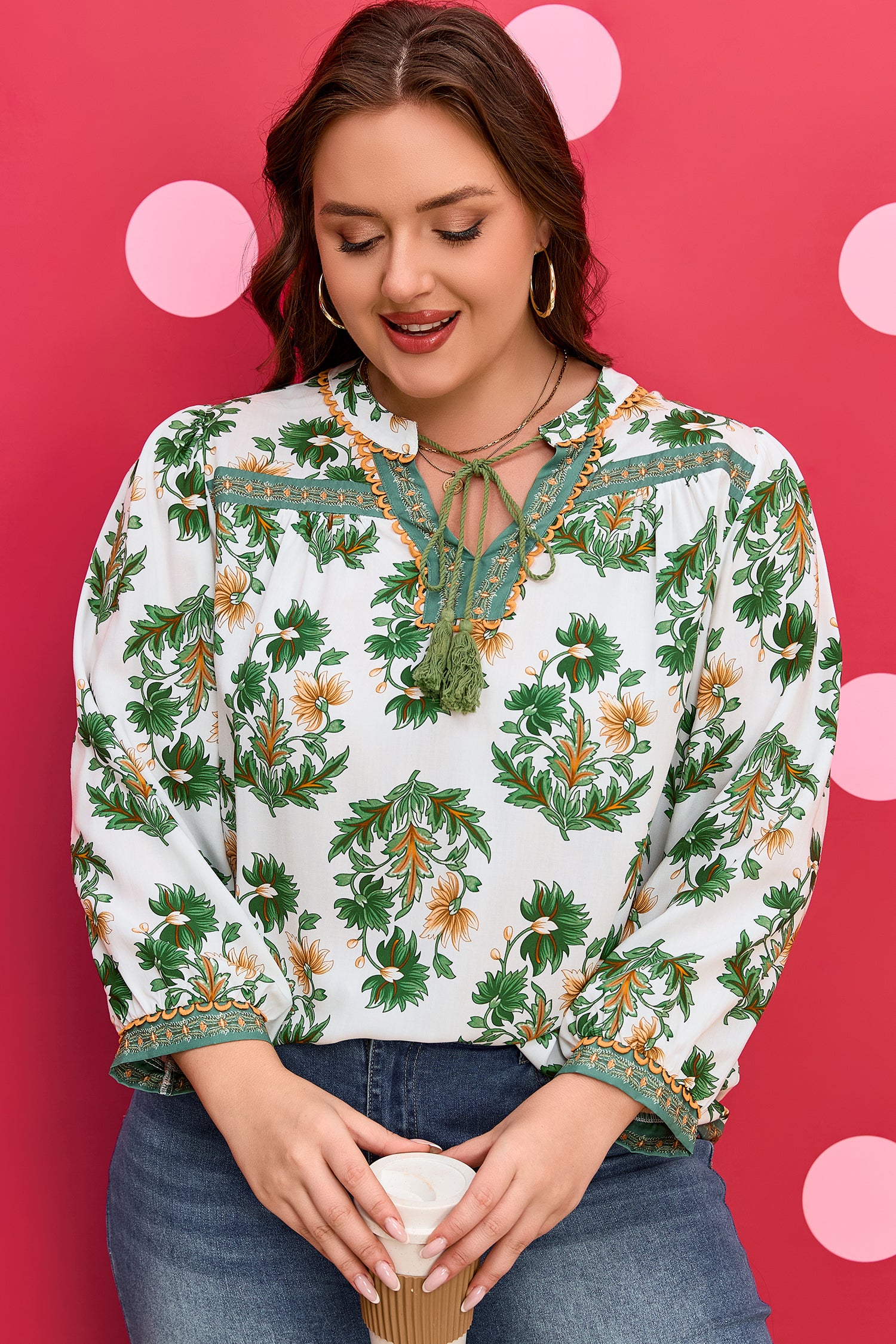Green Plus Size Floral Printed Contrast Patchwork Detail Tassel Tie 3/4 Sleeve Blouse-Plus Size/Plus Size Tops/Plus Size Blouses & Shirts-[Adult]-[Female]-2022 Online Blue Zone Planet