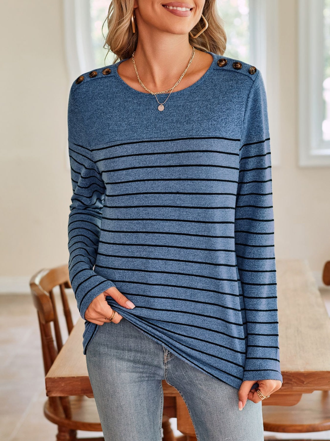 Blue Zone Planet | Lovelet Striped Round Neck Long Sleeve T-Shirt-TOPS / DRESSES-[Adult]-[Female]-Dusty Blue-S-2022 Online Blue Zone Planet