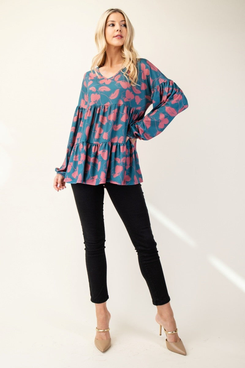 Celeste Full Size Tiered Floral V-Neck Long Sleeve Blouse-TOPS / DRESSES-[Adult]-[Female]-2022 Online Blue Zone Planet