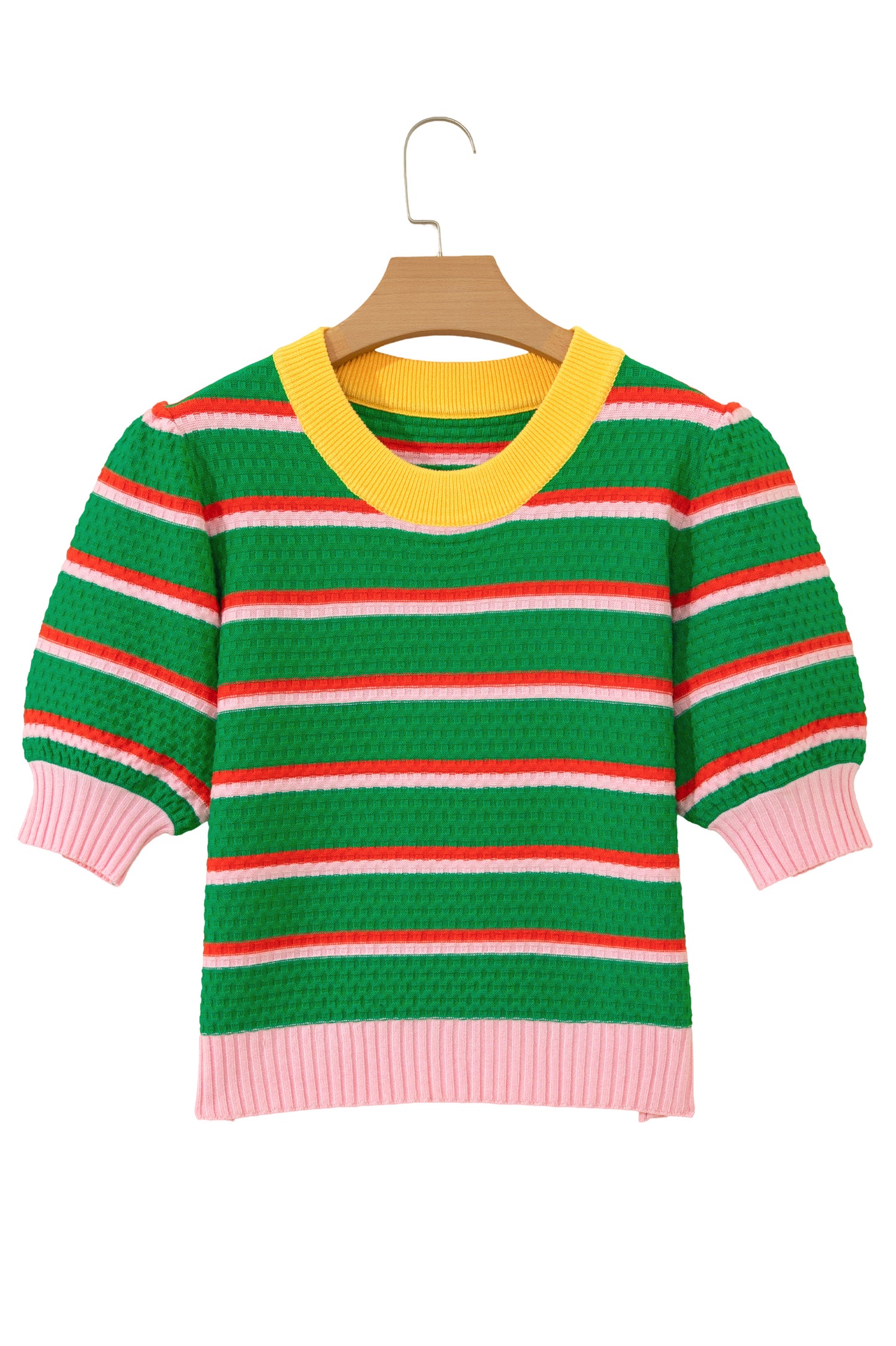 Green Stripe Colorblock Trim Half Sleeve Sweater Top-TOPS / DRESSES-[Adult]-[Female]-2022 Online Blue Zone Planet