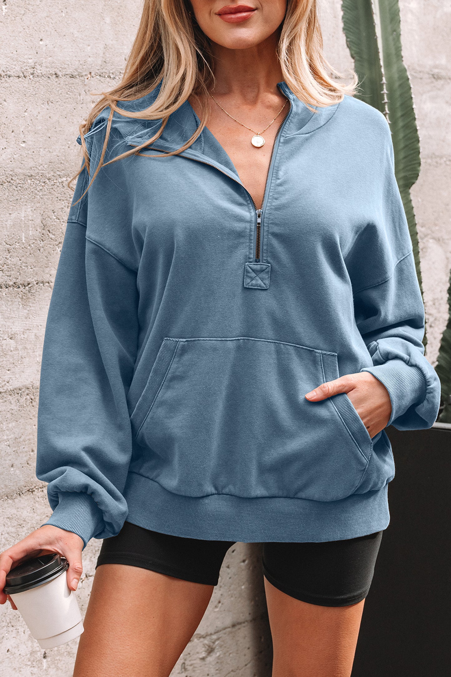 Ashleigh Blue Half Zip Kangaroo Pocket Mineral Wash Baggy Hoodie-Tops / Dresses-[Adult]-[Female]-2022 Online Blue Zone Planet