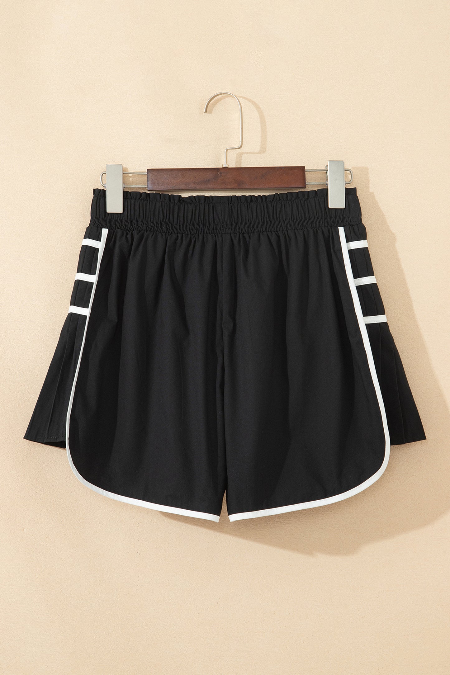 Black Contrast Trim Pleated Casual Active Shorts-Bottoms/Casual Shorts-[Adult]-[Female]-2022 Online Blue Zone Planet
