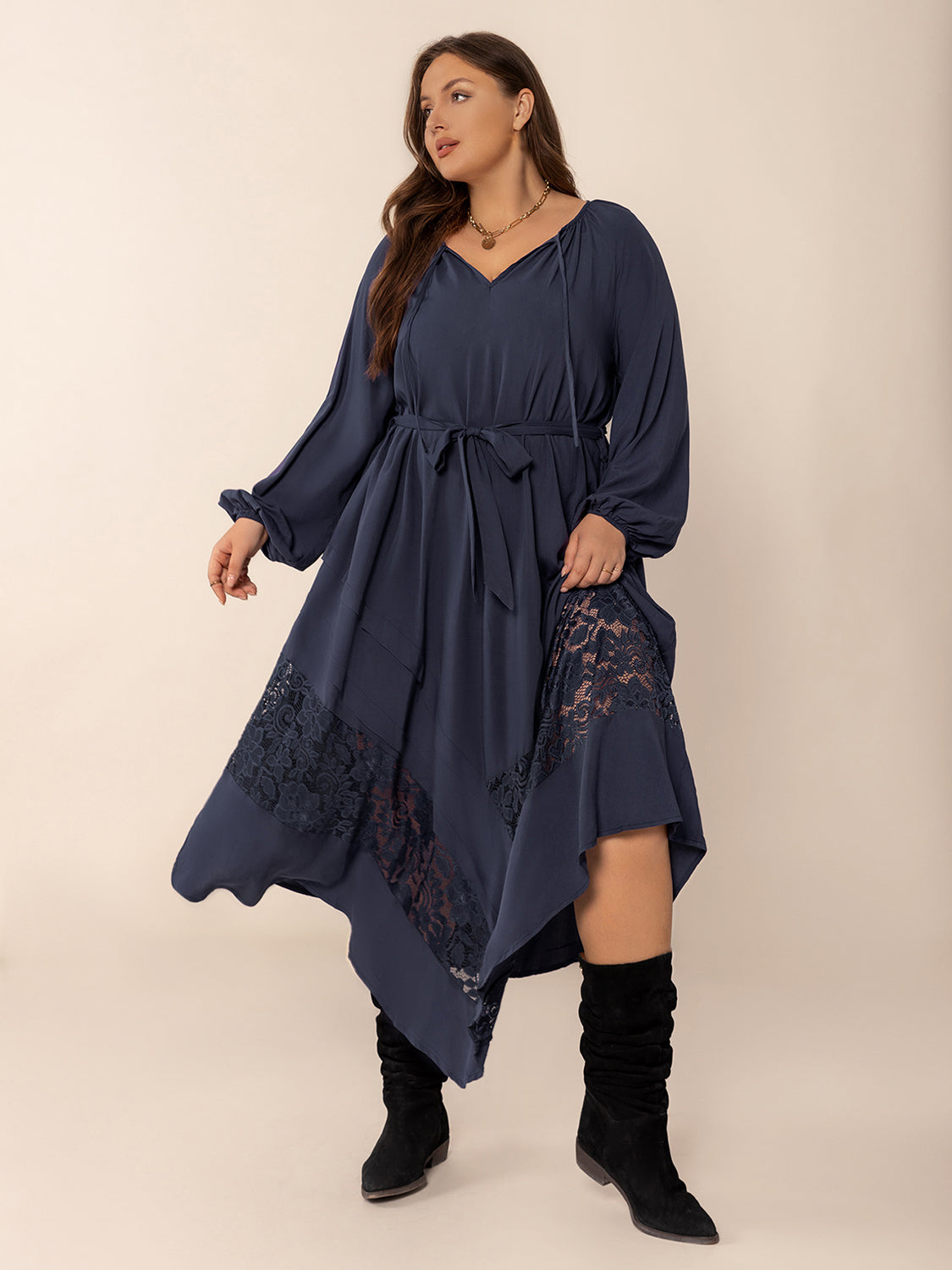 Blue Zone Planet | Plus Size Lace Detail Tie Neck Long Sleeve Midi Dress-TOPS / DRESSES-[Adult]-[Female]-2022 Online Blue Zone Planet