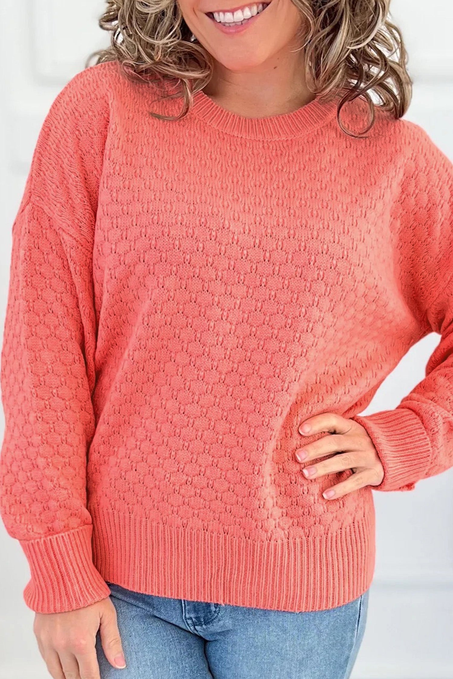 Coral Paradise Breathable Patterned Knit Drop Shoulder Pullover Sweater-Sweaters & Cardigans/Sweaters-[Adult]-[Female]-2022 Online Blue Zone Planet