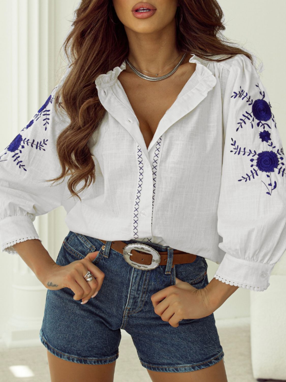 Frill Floral Embroidered Sleeve Shirt-TOPS / DRESSES-[Adult]-[Female]-2022 Online Blue Zone Planet