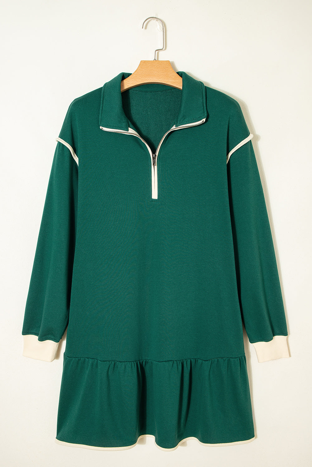 Evergreen Contrast Trim Zip Collar Long Sleeve Ruffle Hem Mini Dress-Dresses/Mini Dresses-[Adult]-[Female]-2022 Online Blue Zone Planet