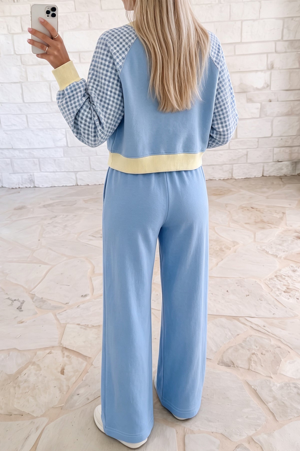 Light Blue Color Block Plaid Raglan Sleeve Patchwork Top Casual 2pcs Pants Set-Two Piece Sets/Pant Sets-[Adult]-[Female]-2022 Online Blue Zone Planet