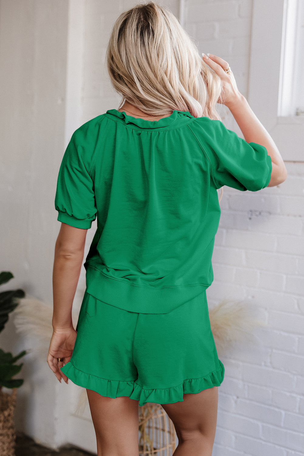 Sea Green Half Zip Puff Sleeve Top and Ruffled Shorts Set-Two Piece Sets/Short Sets-[Adult]-[Female]-2022 Online Blue Zone Planet