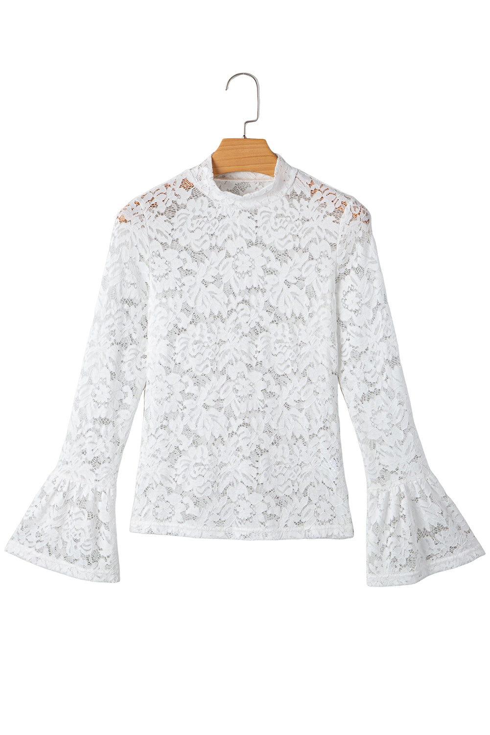 White Lace Crochet Bell Sleeve Mock Neck Blouse-Tops/Blouses & Shirts-[Adult]-[Female]-2022 Online Blue Zone Planet