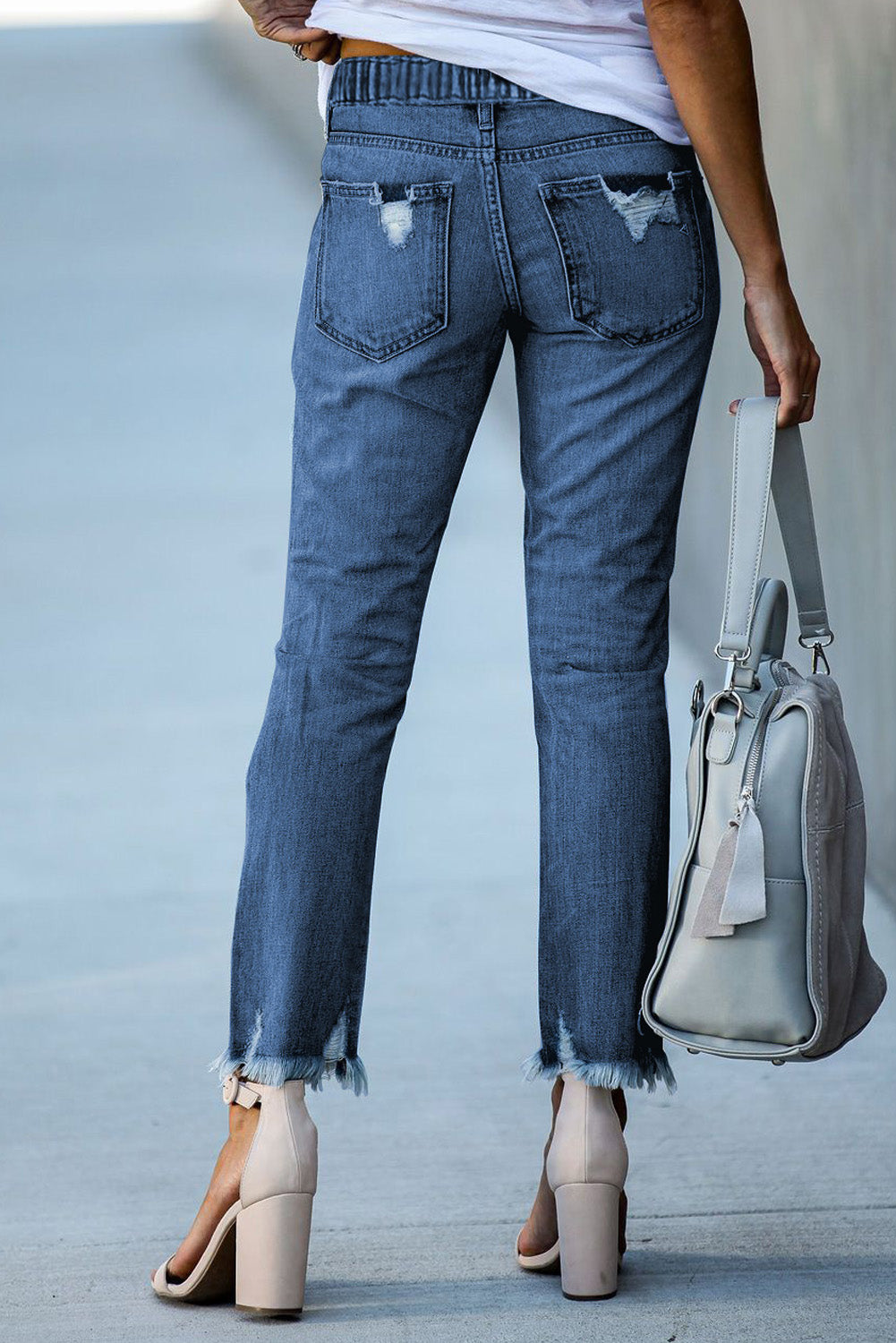 Dark Blue Elastic Waist Straight Leg Destroyed Raw Hem Jeans-Bottoms/Jeans-[Adult]-[Female]-2022 Online Blue Zone Planet