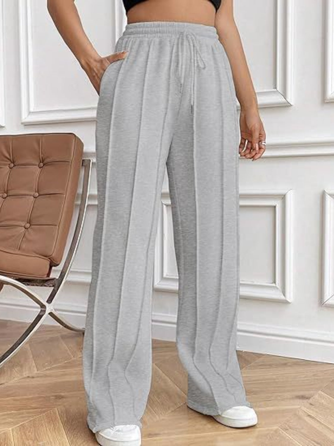 Blue Zone Planet | Drawstring Wide Leg Pants with Pockets-TOPS / DRESSES-[Adult]-[Female]-Gray-S-2022 Online Blue Zone Planet