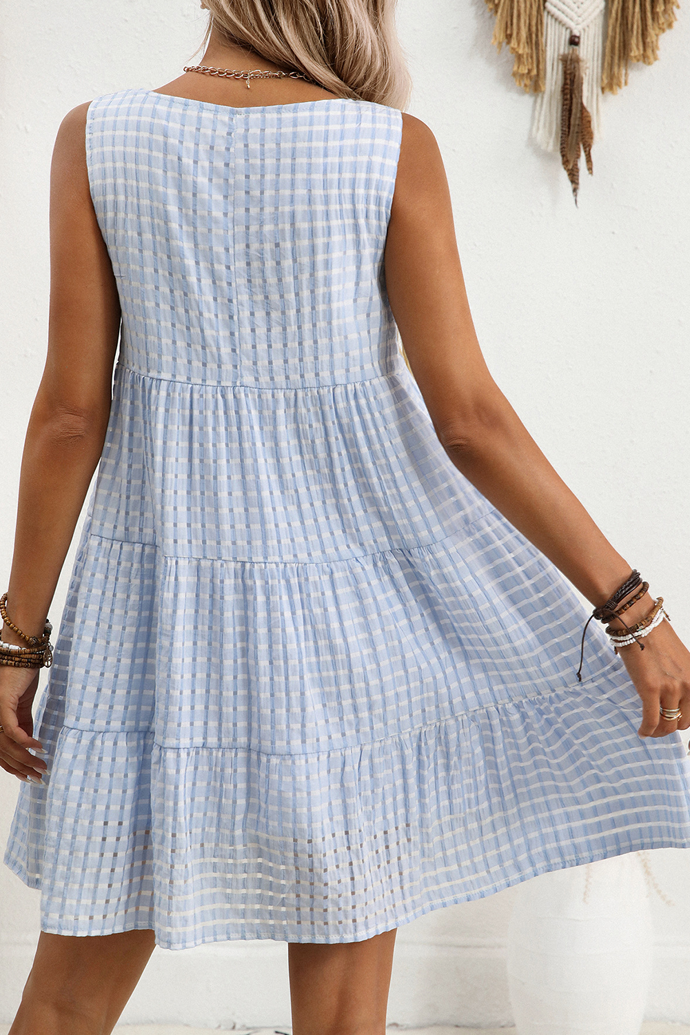 Light Blue Plaid Tiered A-line Sleeveless Mini Sundress - Blue Zone Blue Zone Planet Light Blue Plaid Tiered A-line Sleeveless Mini Sundress - Blue Zone Blue Zone Planet