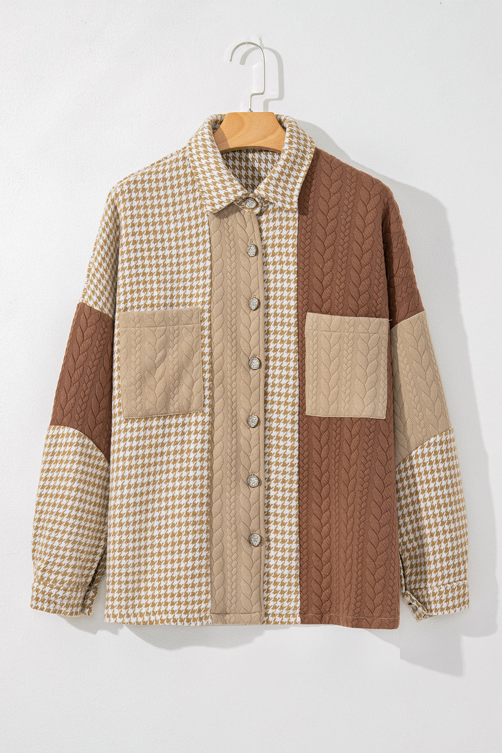 Khaki Houndstooth Color Contrast Textured Patchwork Loose Shacket-Outerwear/Jackets-[Adult]-[Female]-2022 Online Blue Zone Planet
