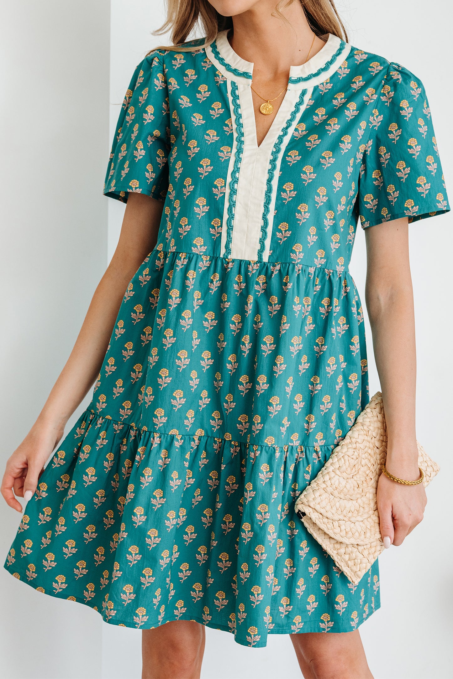Green Contrast Trim V Neck Short Sleeve Floral Dress-TOPS / DRESSES-[Adult]-[Female]-2022 Online Blue Zone Planet