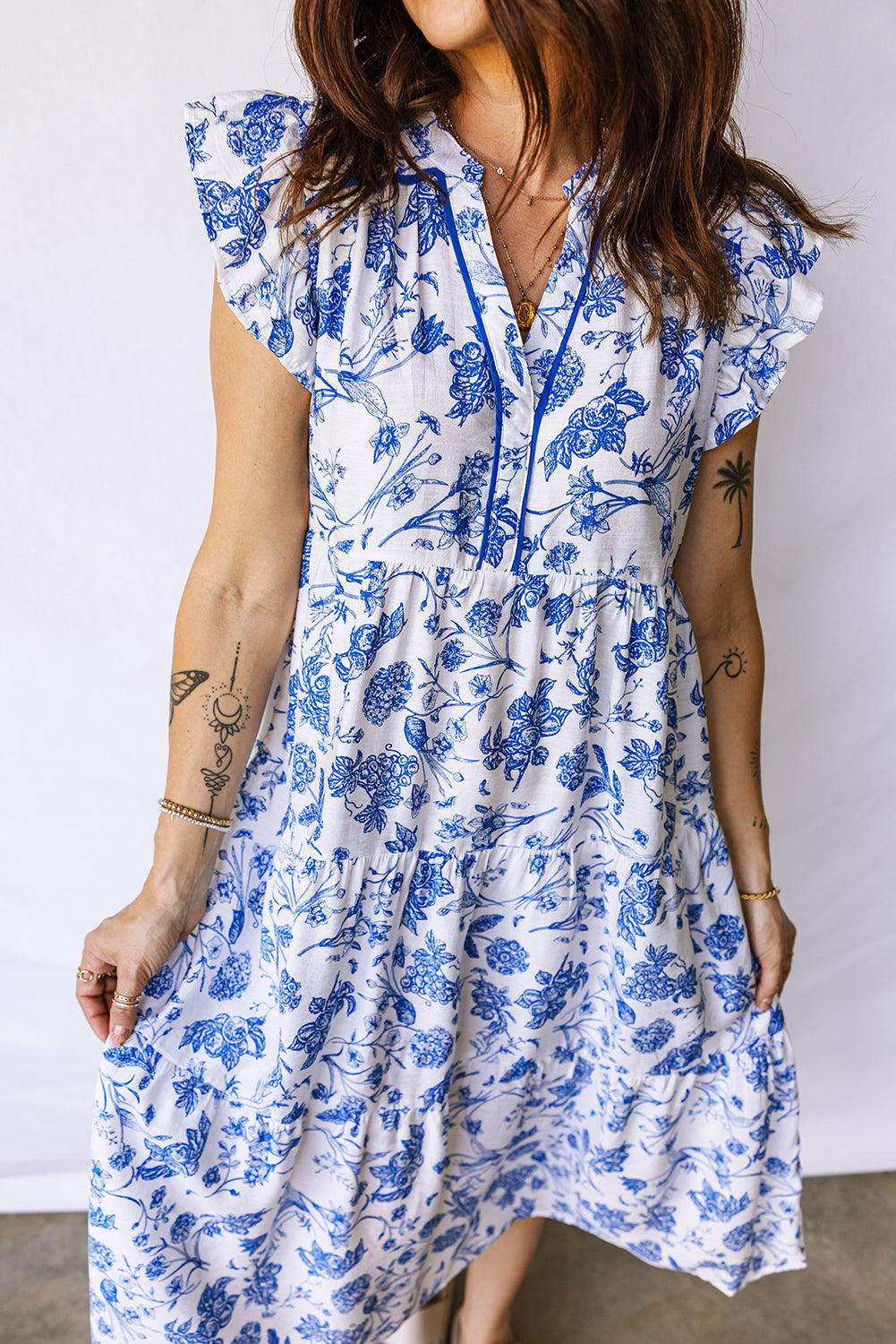 Blue Ruffled Short Sleeve Tiered Floral Midi Dress-TOPS / DRESSES-[Adult]-[Female]-2022 Online Blue Zone Planet