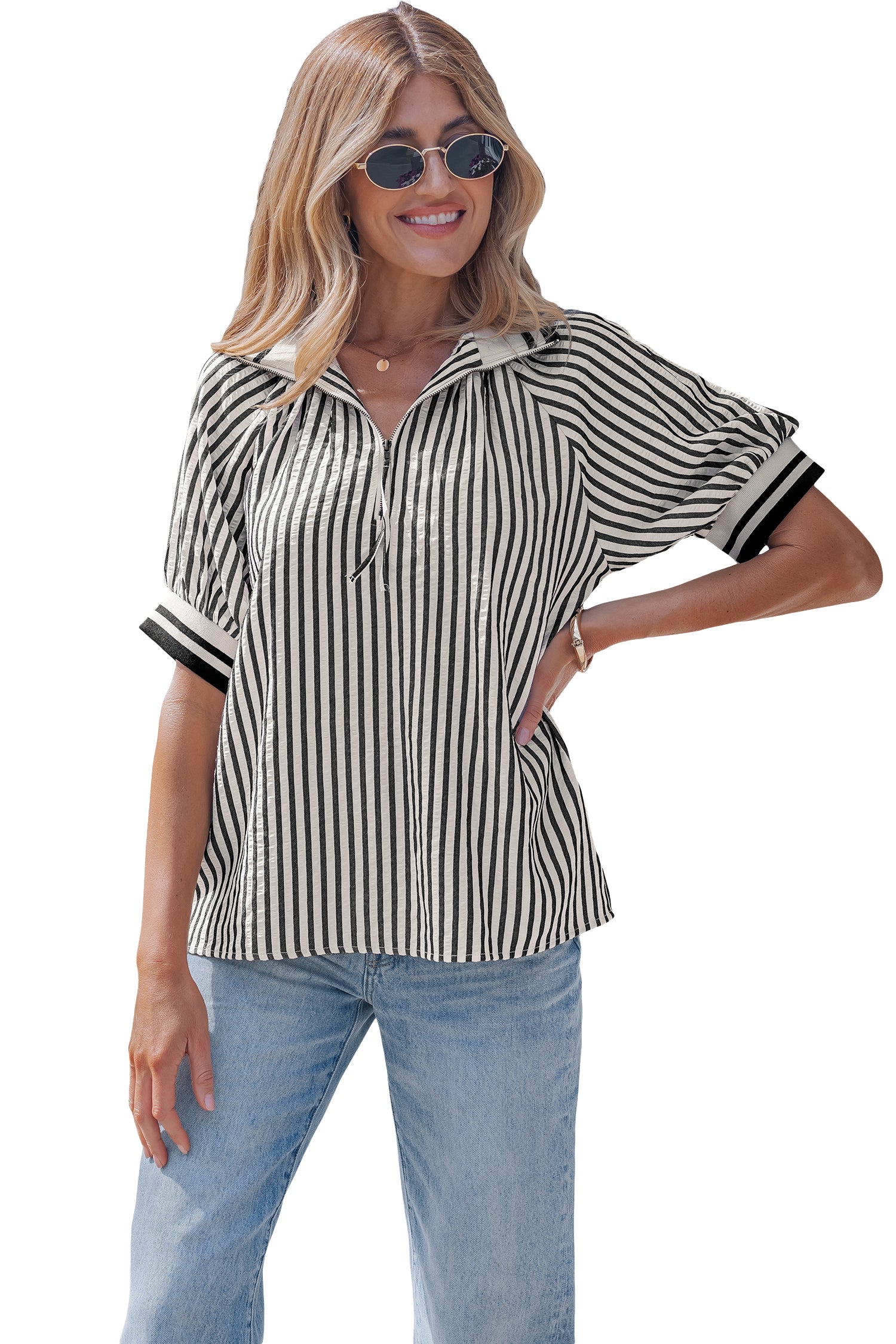 Black Stripe Polo Collar Half Zip Short Puff Sleeve Blouse-Tops/Blouses & Shirts-[Adult]-[Female]-2022 Online Blue Zone Planet