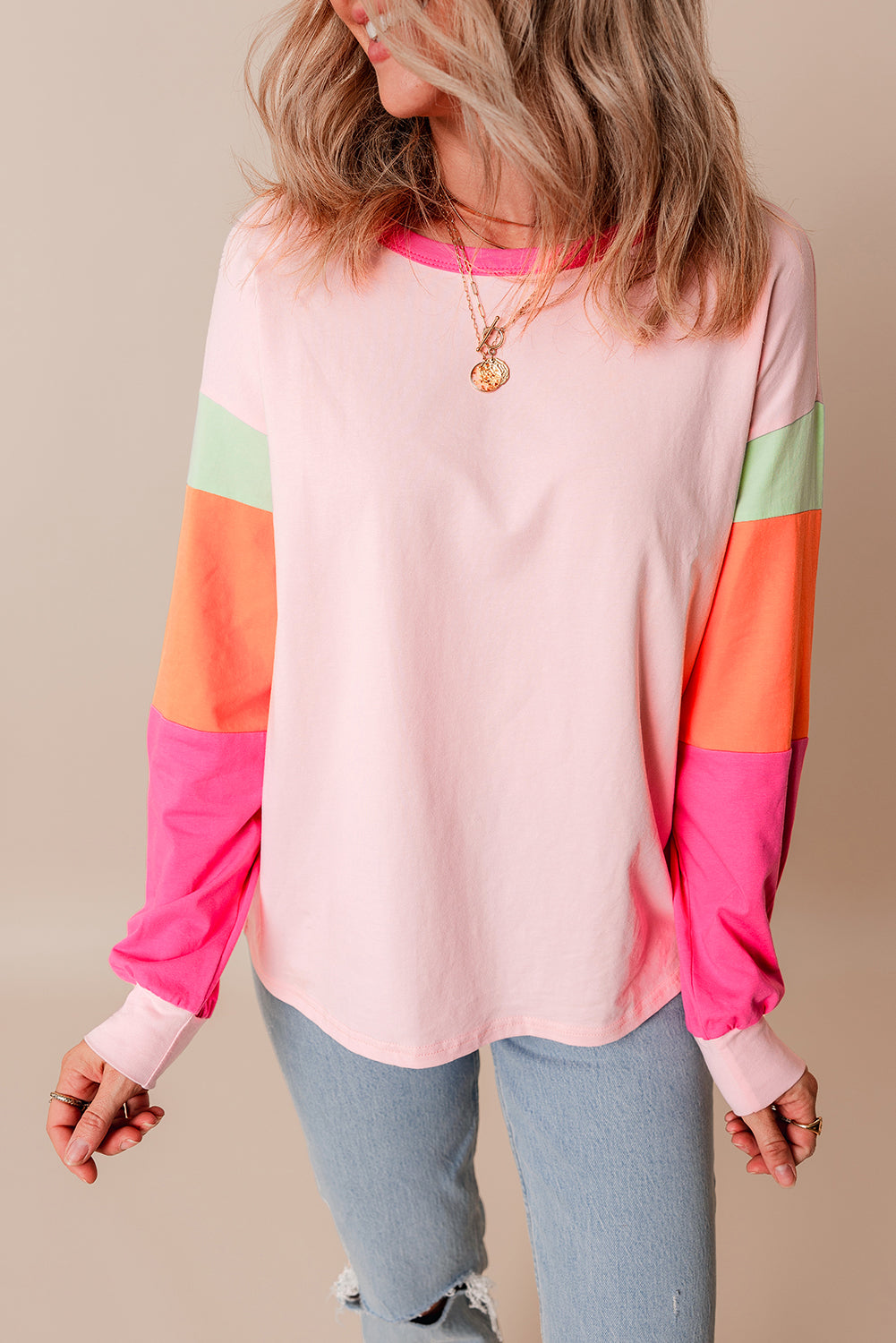 Green Colorblock Patchwork Long Sleeve Loose Top-Tops/Long Sleeve Tops-[Adult]-[Female]-2022 Online Blue Zone Planet