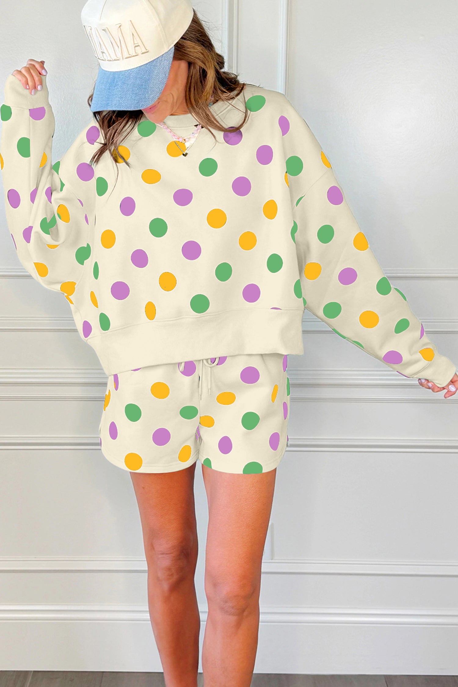 Multicolour Polka Dot Print Drop Shoulder Pullover Drawstring Shorts Set-Two Piece Sets/Short Sets-[Adult]-[Female]-2022 Online Blue Zone Planet