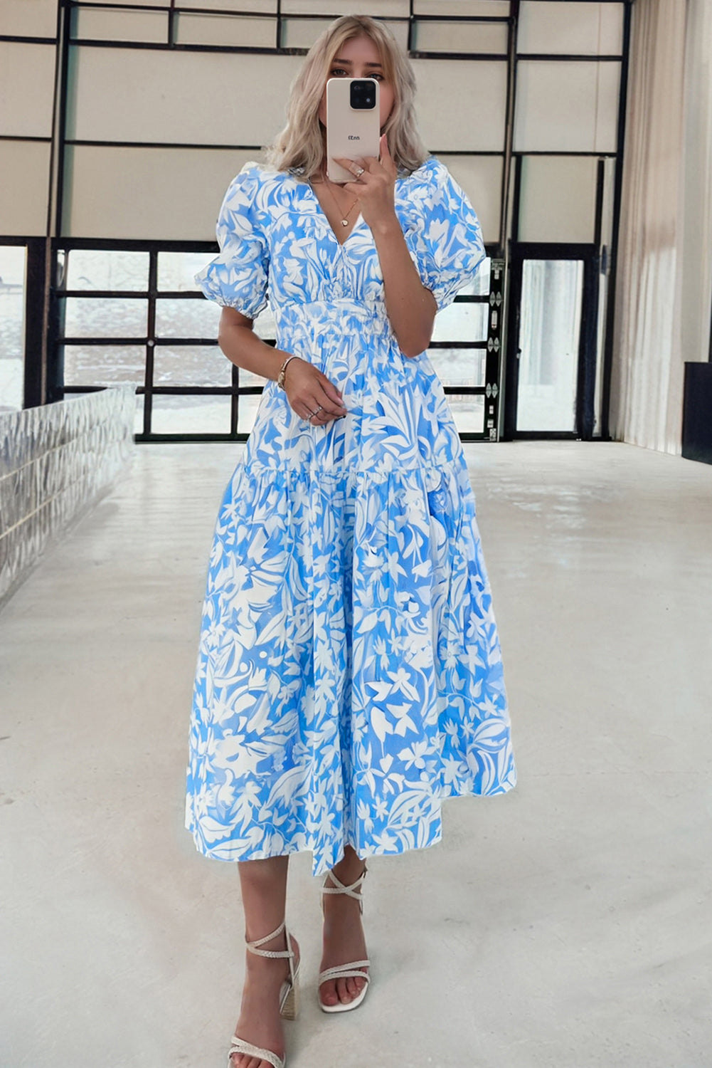Sky Blue Floral V Neck Puff Short Sleeve Flowy Long Dress – Blue Zone Planet