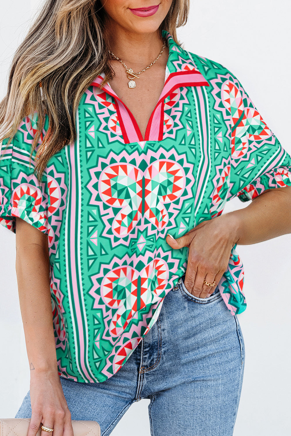Sea Green Boho Abstract Print Contrast Striped Collared V Neck Blouse-Tops/Blouses & Shirts-[Adult]-[Female]-2022 Online Blue Zone Planet