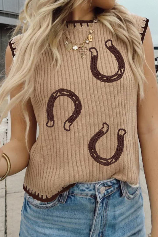 Light French Beige Ribbed Knit Contrast Trim Round Neck Horseshoe Sweater Vest-Sweaters & Cardigans/Sweater Vests-[Adult]-[Female]-Light French Beige-S-2022 Online Blue Zone Planet