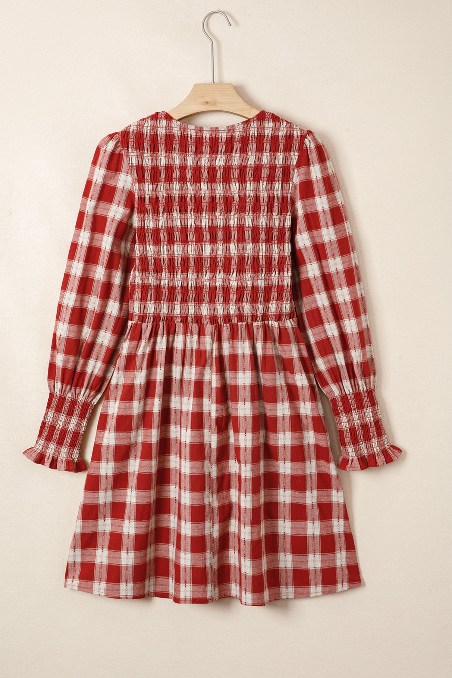Red Plaid Print Smocked Puff Sleeve Mini Dress-TOPS / DRESSES-[Adult]-[Female]-2022 Online Blue Zone Planet
