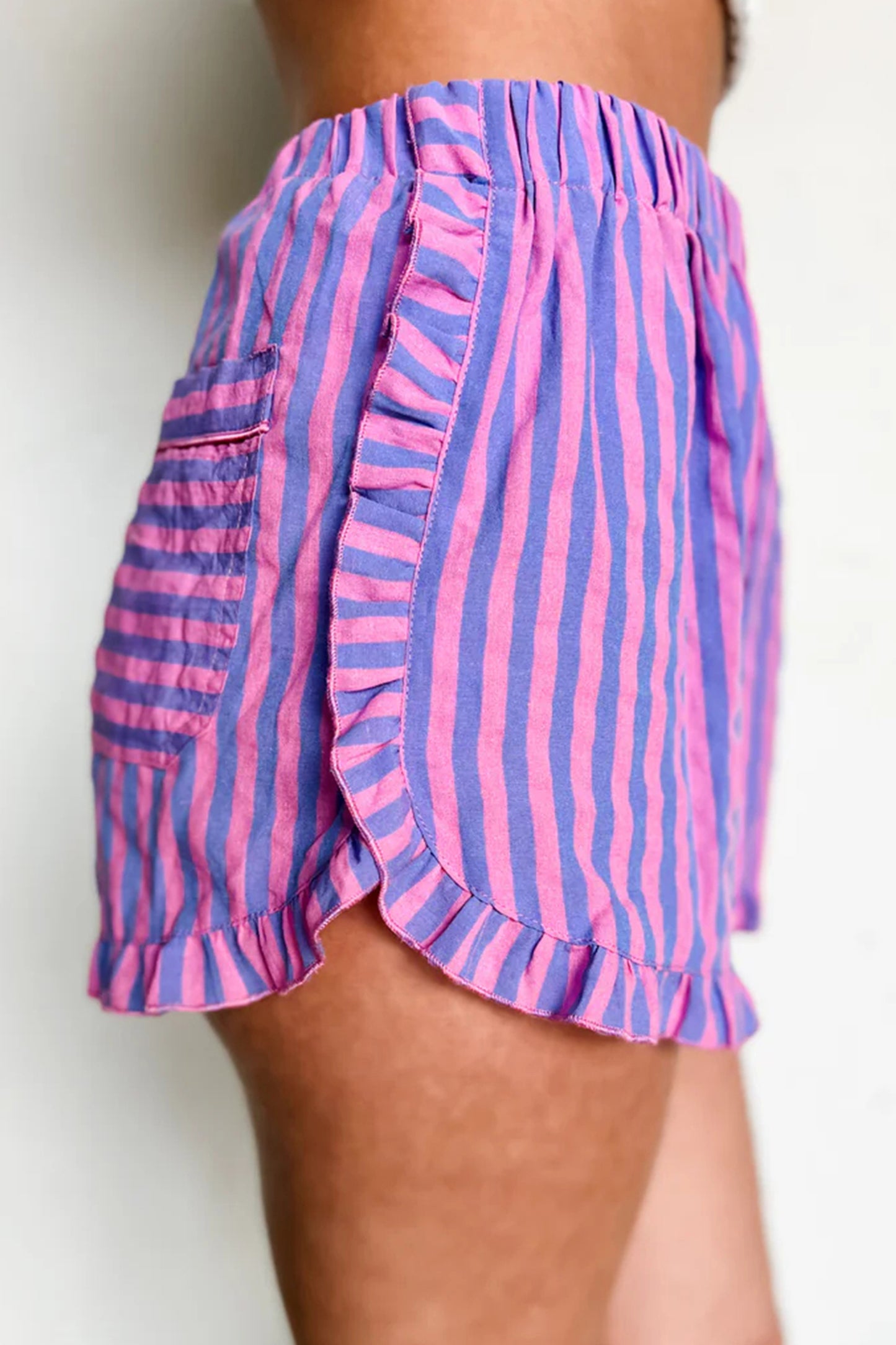 Sky Blue Stripe Elastic Waist Ruffle Trim Casual Shorts-Bottoms/Casual Shorts-[Adult]-[Female]-2022 Online Blue Zone Planet