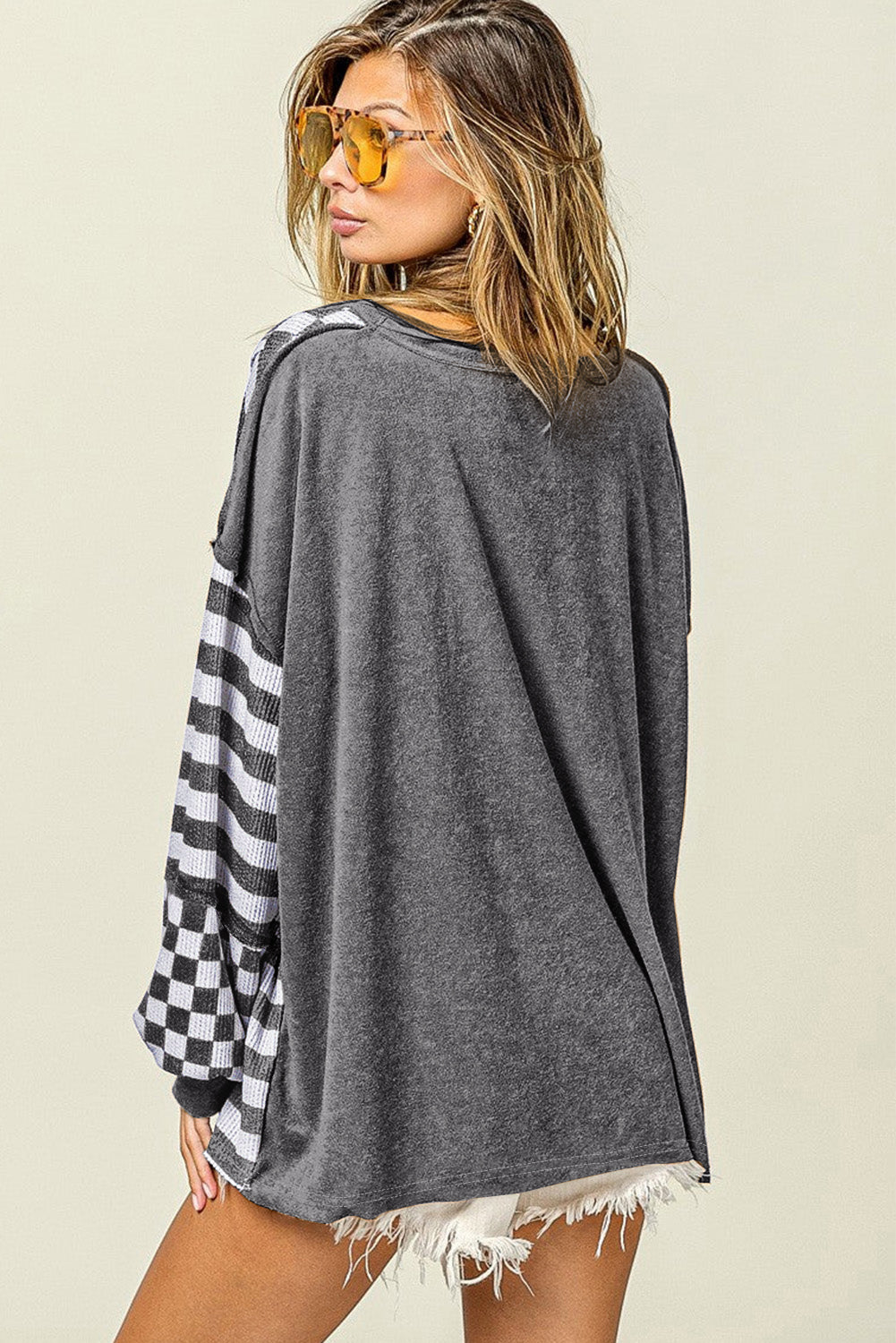 Dark Grey Checkerboard Striped Patchwork Lantern Sleeve Pocketed Blouse-Tops/Long Sleeve Tops-[Adult]-[Female]-2022 Online Blue Zone Planet