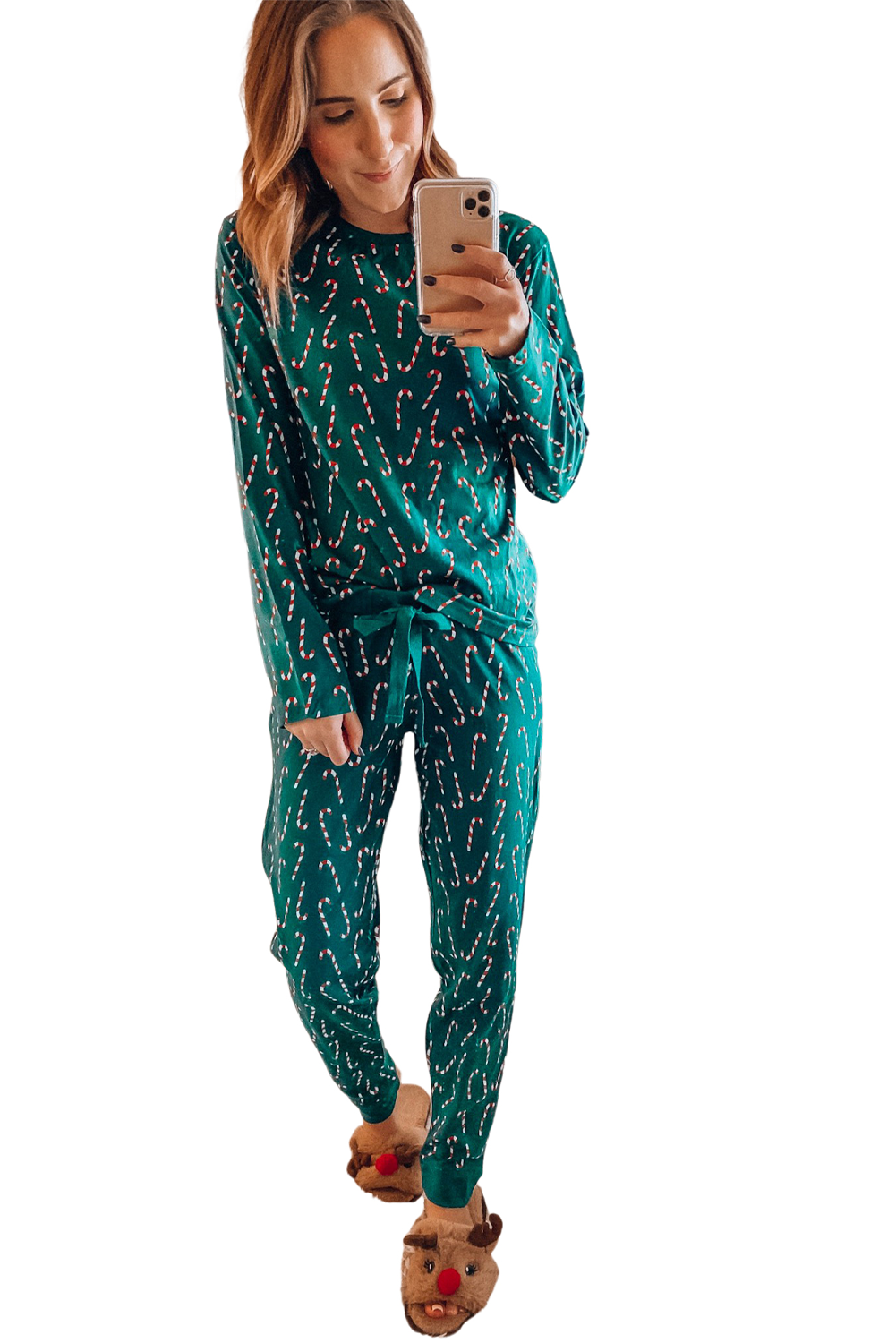 Green Christmas Candy Cane Printed Top and Pants Lounge Set-Loungewear & Sleepwear/Loungewear-[Adult]-[Female]-2022 Online Blue Zone Planet