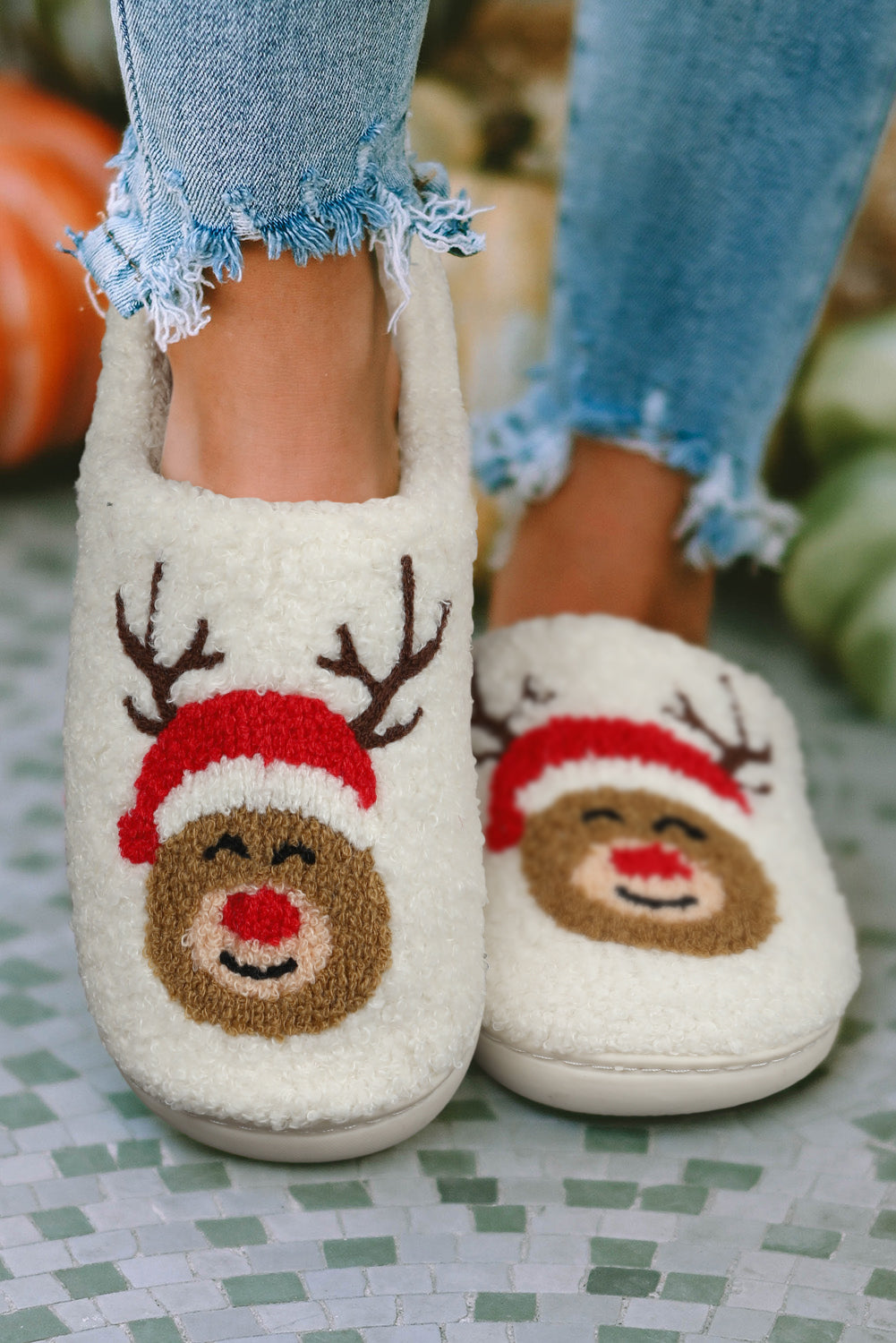 White Christmas Deer Home Indoor Plush Slippers-Shoes & Bags/Slippers-[Adult]-[Female]-White-37-2022 Online Blue Zone Planet