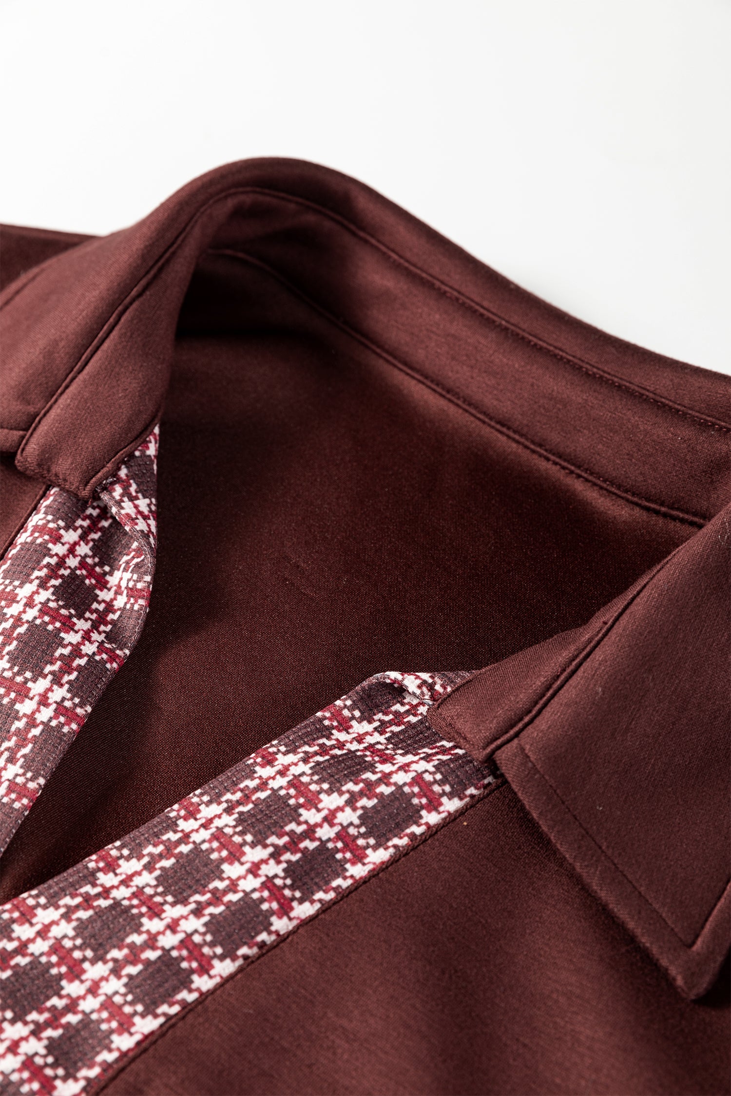 Coffee Contrast Plaid Trim Patchwork Collared Plus Size Shift Mini Dress-TOPS / DRESSES-[Adult]-[Female]-2022 Online Blue Zone Planet