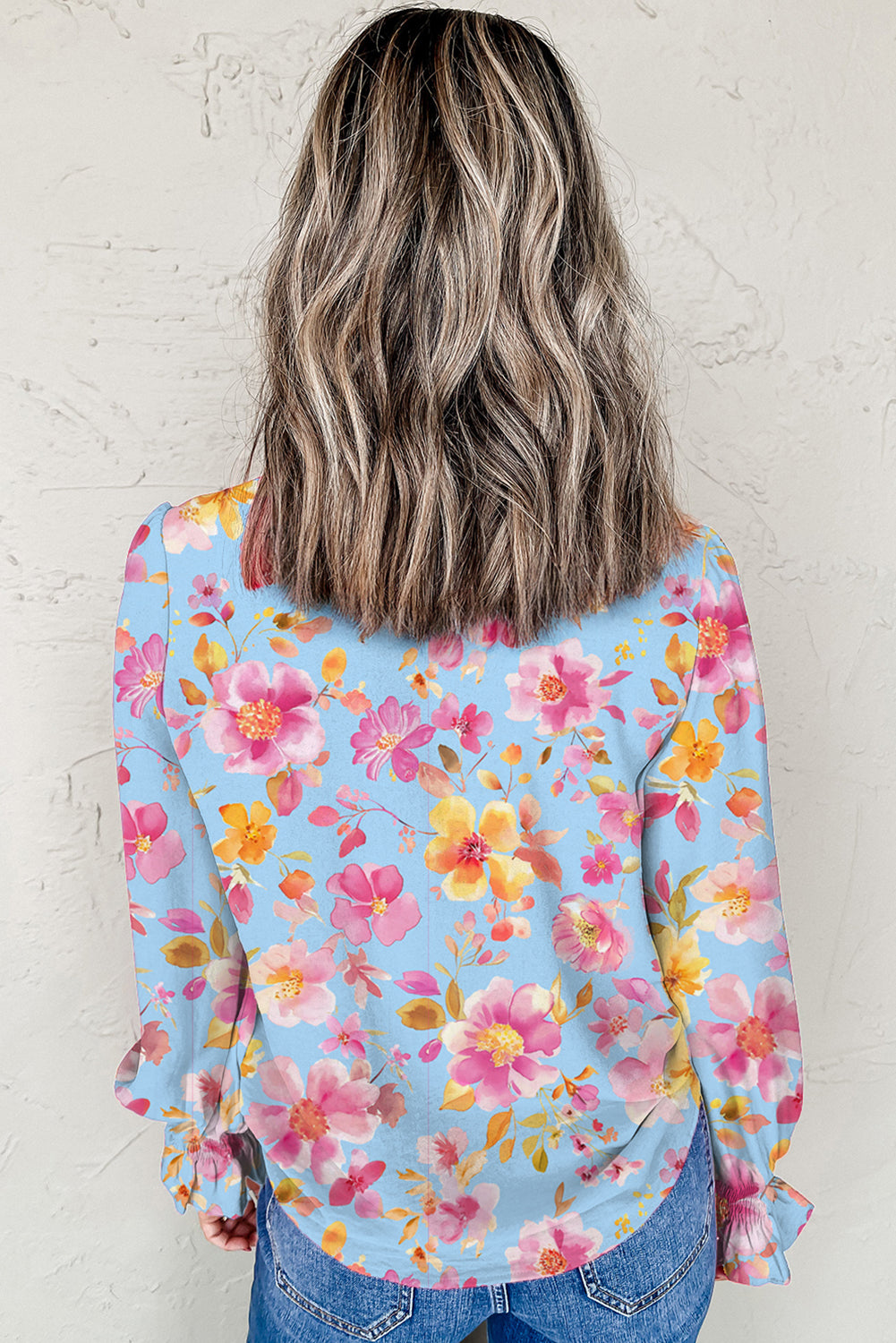Sky Blue Floral Smocked Cuff Flounce Sleeve V Neck Blouse-Tops/Blouses & Shirts-[Adult]-[Female]-2022 Online Blue Zone Planet