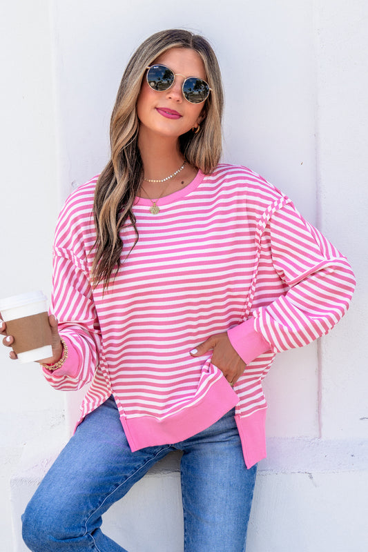 Pink Stripe Textured Knit Color Block Trim Split Hem Long Sleeve Top-Tops/Long Sleeve Tops-[Adult]-[Female]-Pink Stripe-S-2022 Online Blue Zone Planet