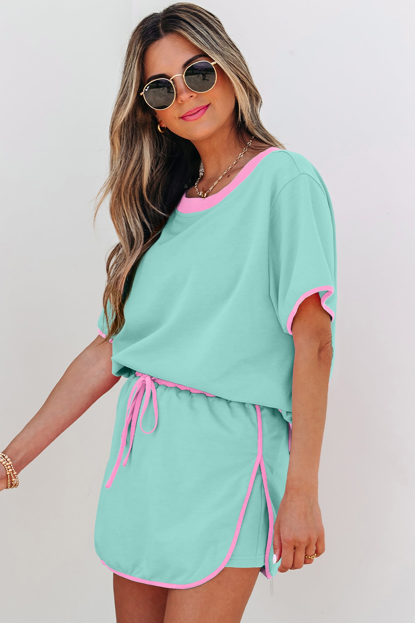 Apricot Colorblock Edge Drop Shoulder T Shirt and Skort 2Pcs Set-Two Piece Sets/Two Piece Dresses-[Adult]-[Female]-2022 Online Blue Zone Planet