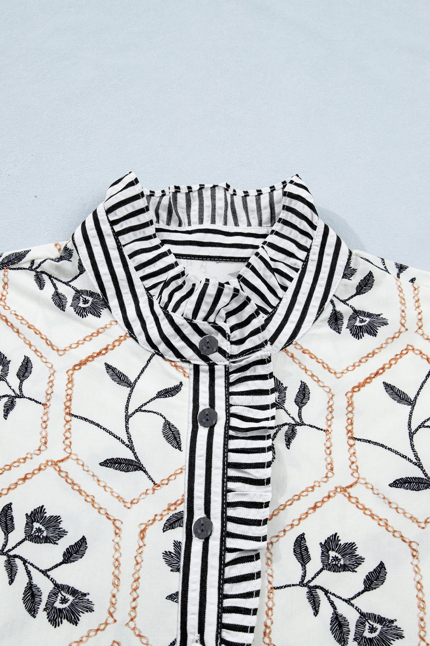 White Floral Print Striped Patchwork Button Neck Short Sleeve Blouse-Tops/Blouses & Shirts-[Adult]-[Female]-2022 Online Blue Zone Planet