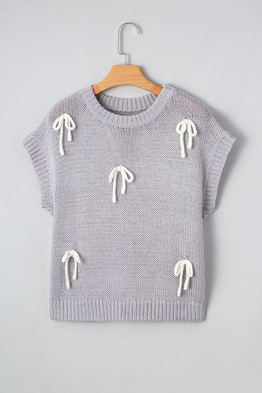 Light Grey Bowknot Applique Cap Sleeve Sweater-TOPS / DRESSES-[Adult]-[Female]-2022 Online Blue Zone Planet